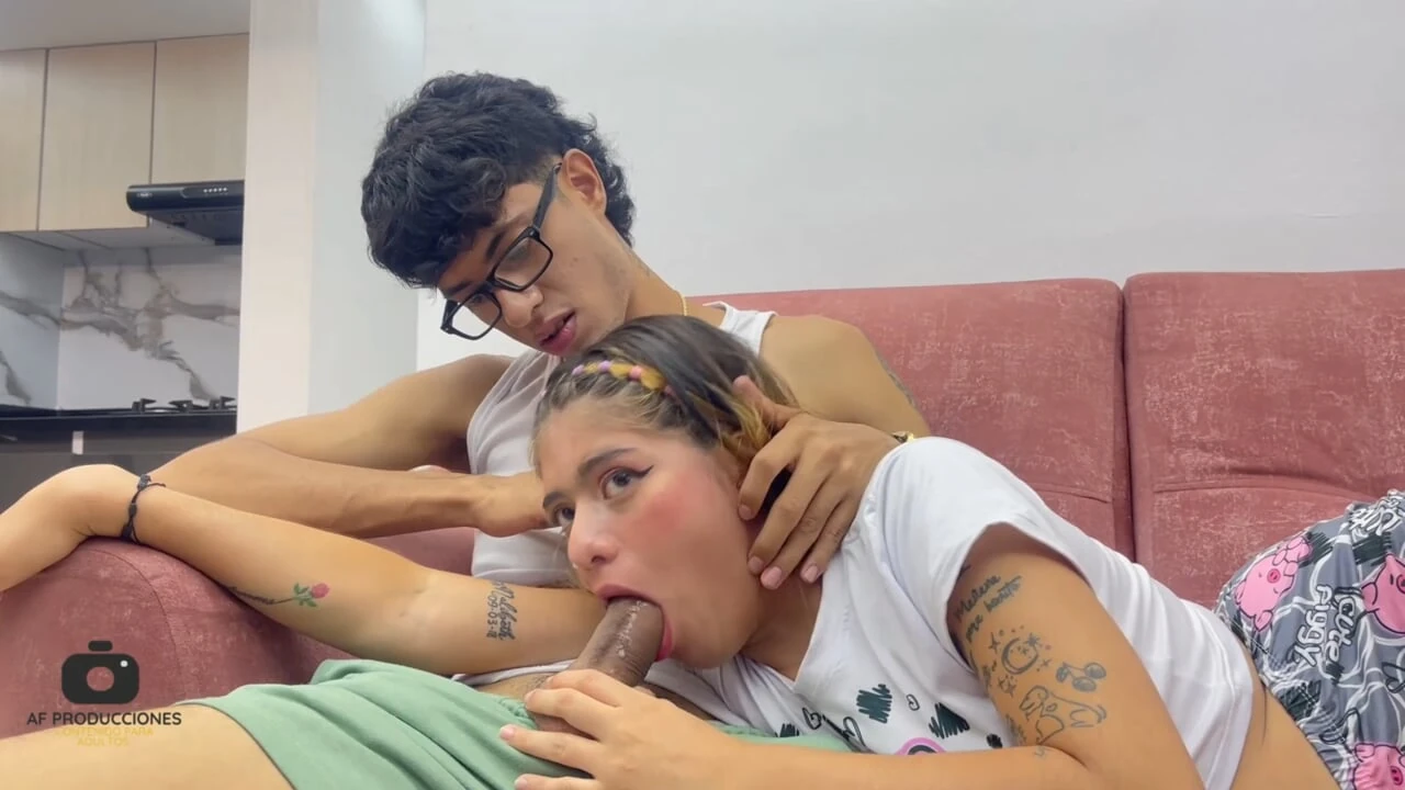 My little stepsister is scared and to help her I give her my huge cock to swallow