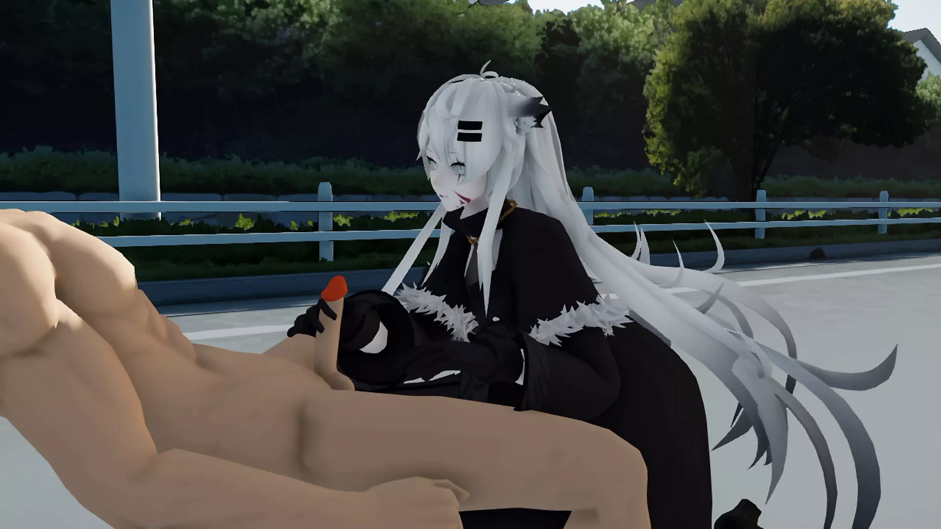 Lovely beautiful girl with cat ears sucked on the side of the road