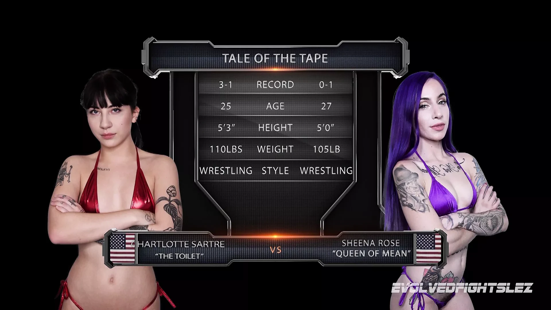 Sheena Rose battles Charlotte Sartre in lesbian wrestling