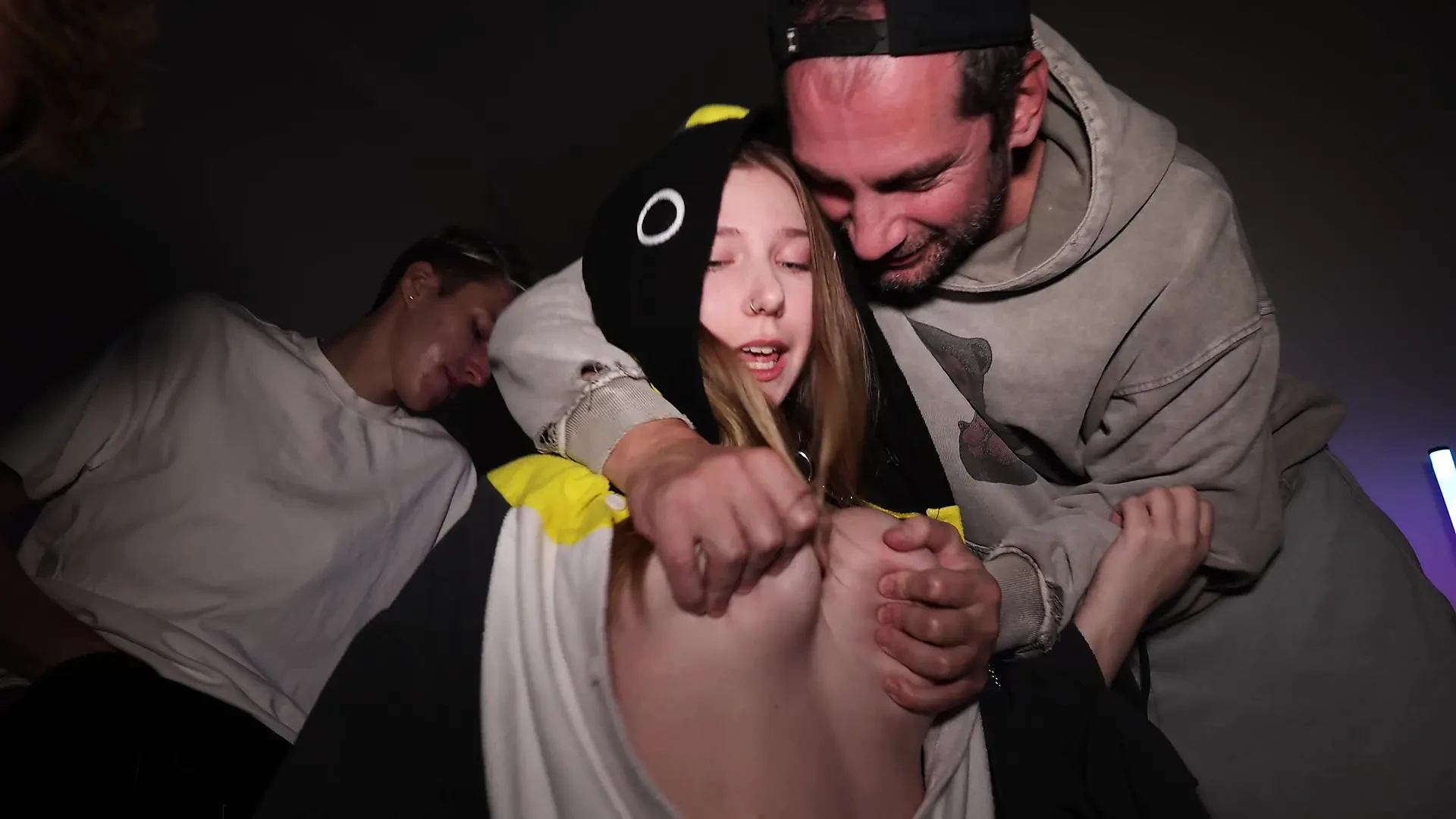 Three guys fucked a cute slut with huge dicks and cummed on her body