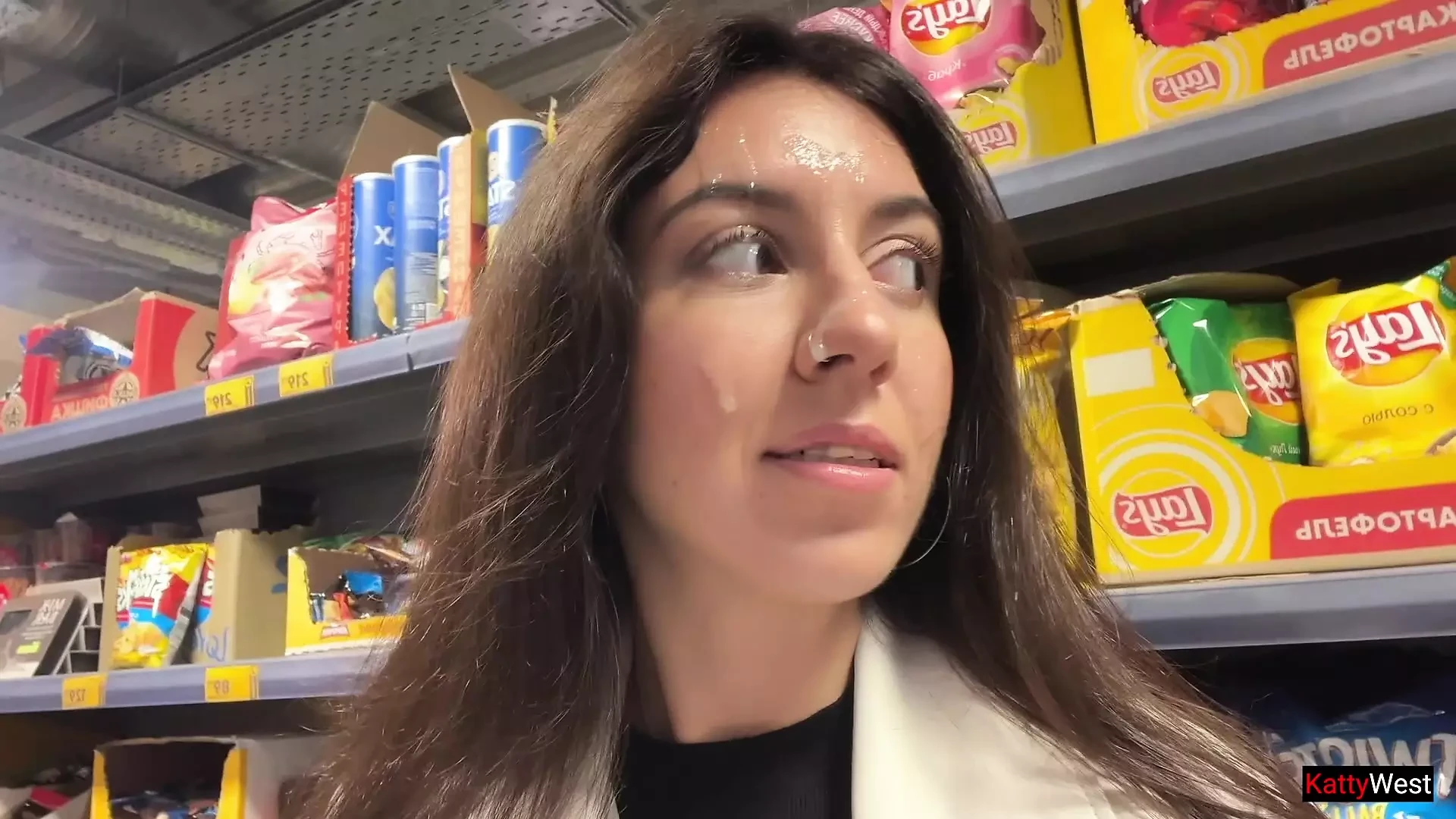 Unfaithful Wife goes to Supermarket with cum on her Face from Lover – Cumwalk