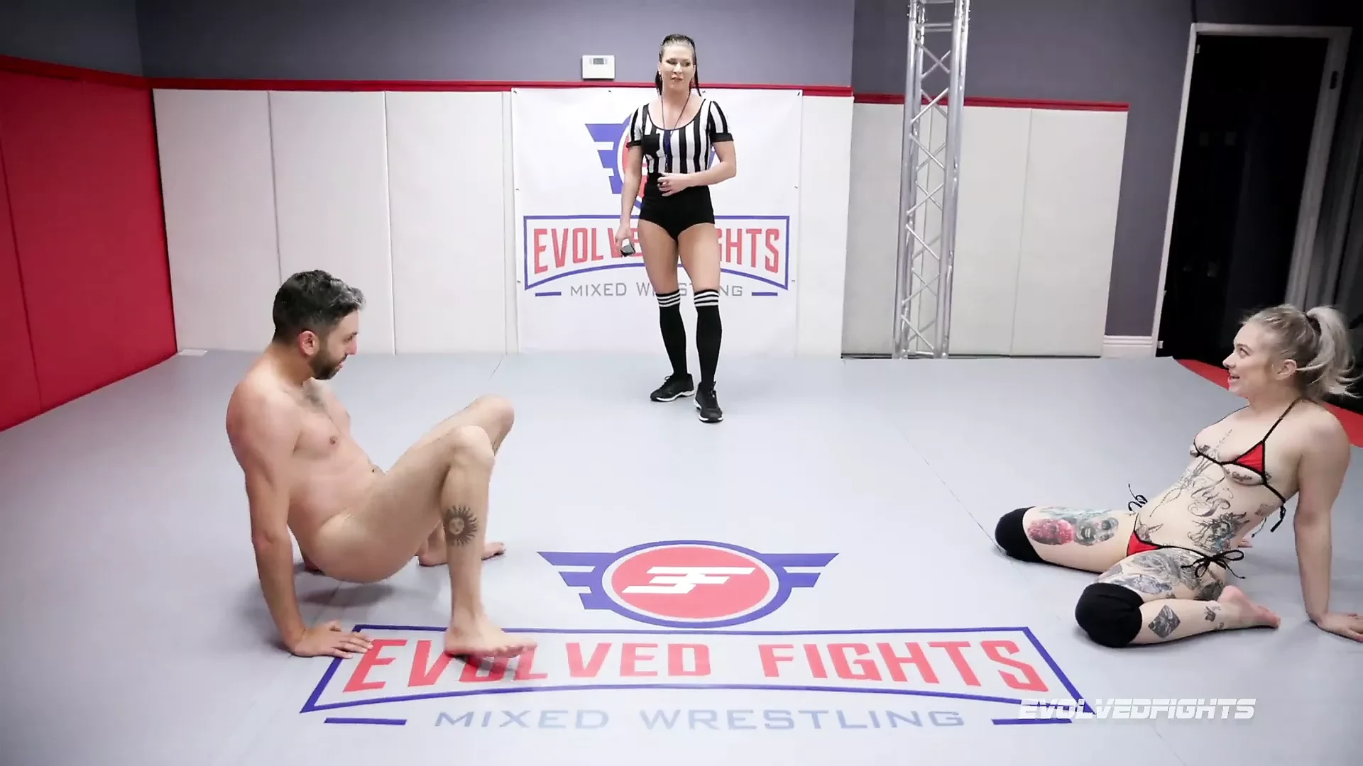 Kaiia Eve mixed nude wrestling battle putting on her strapon