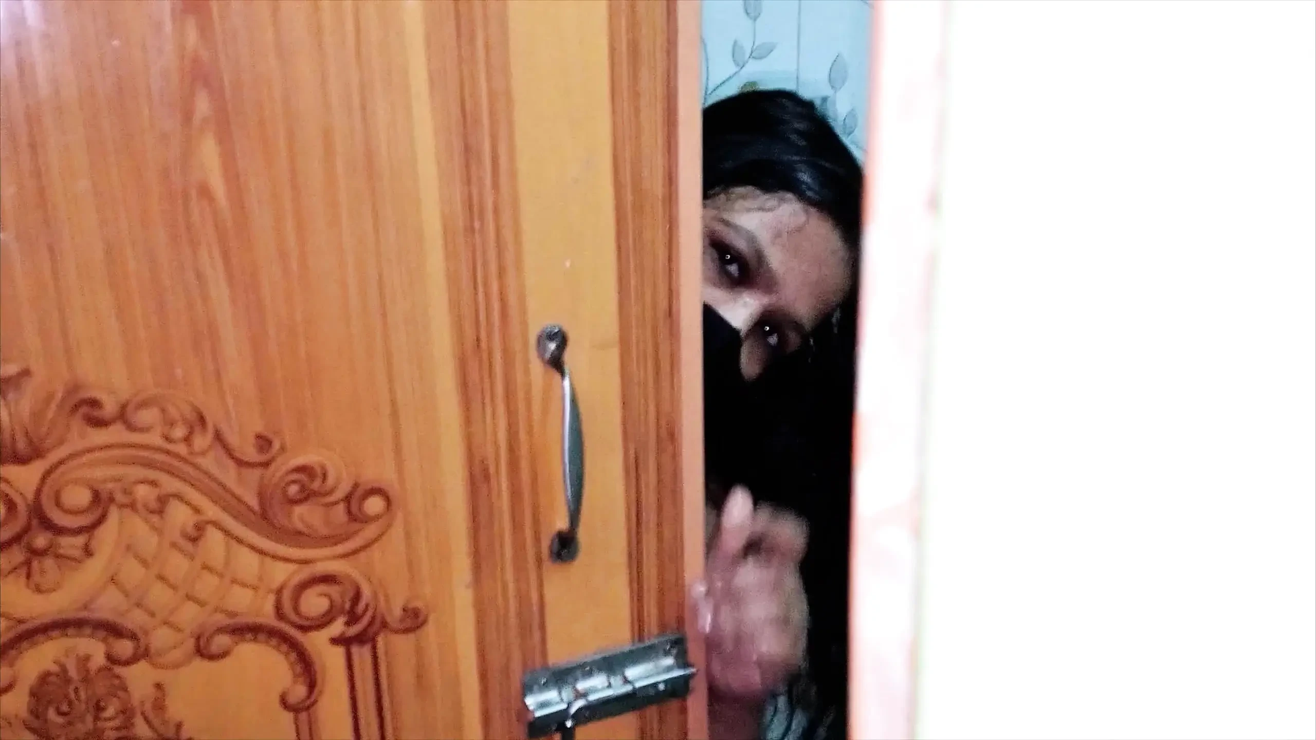 Cute wife husband enjoy romantic moment in bathroom