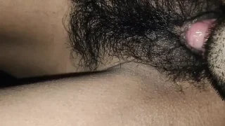 Sucking Hairy Creamy pink pussy of my girlfriend and playing with pussy boobs