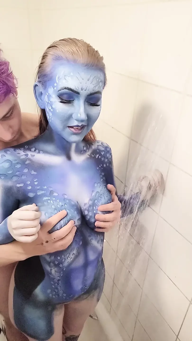 X-men Mystique Body Paint Shower Removal & Fucking
