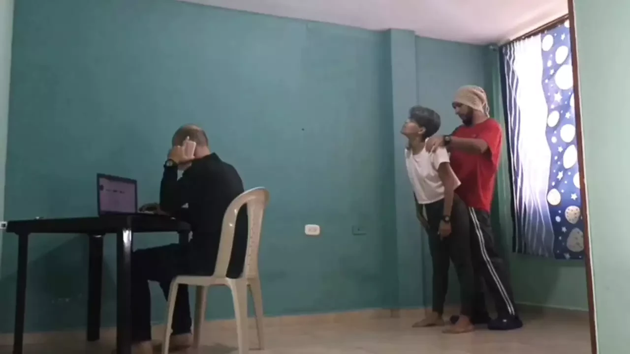 My slutty stepmom fucks my friend while I’m working on the computer