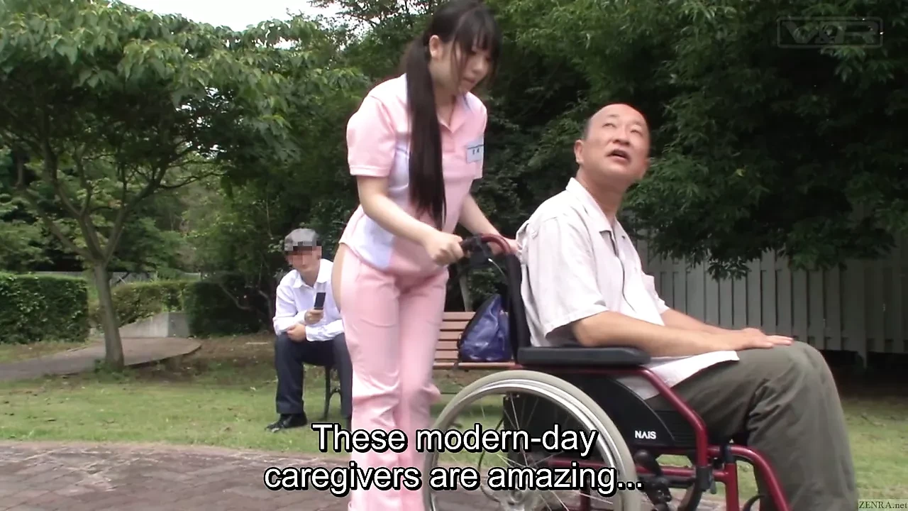 Subtitled bizarre Japanese half naked caregiver outdoors