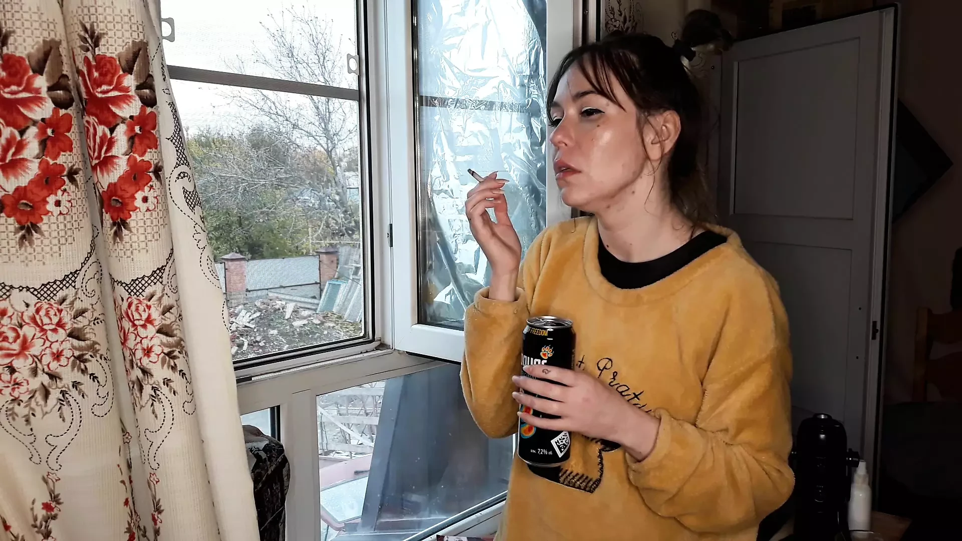 stepsister smokes a cigarette and drinks alcohol